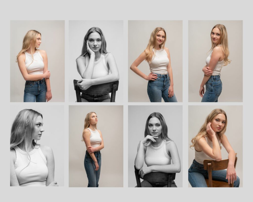 Planche casting : huit poses réalisées en studio