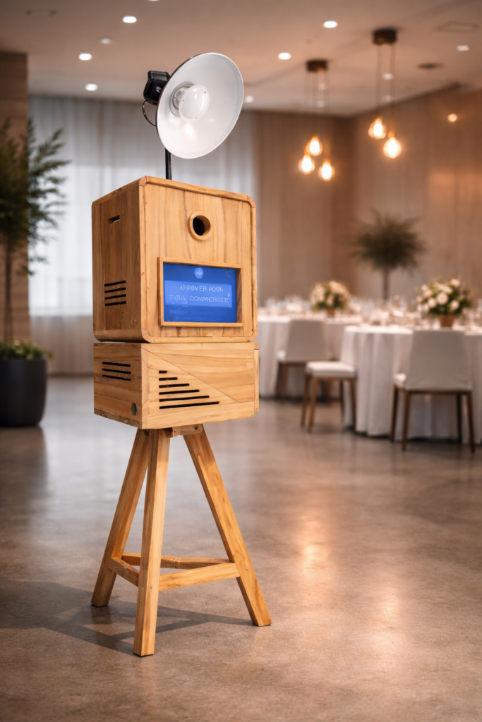 Borne photobooth en bois installée dans une salle de réception
