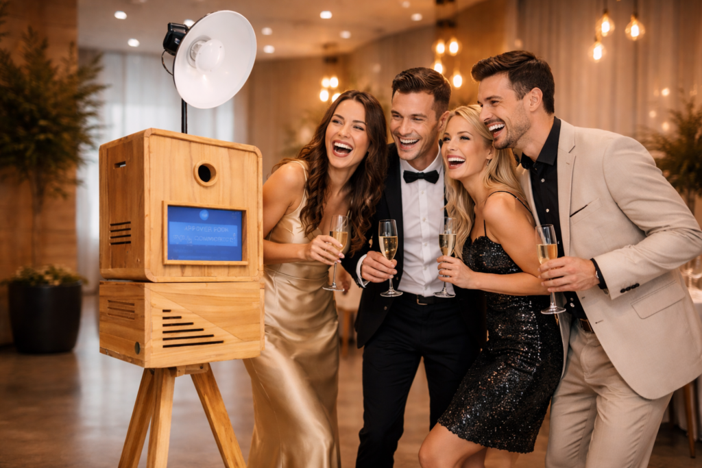 Invités qui posent devant le photobooth lors d'une soirée